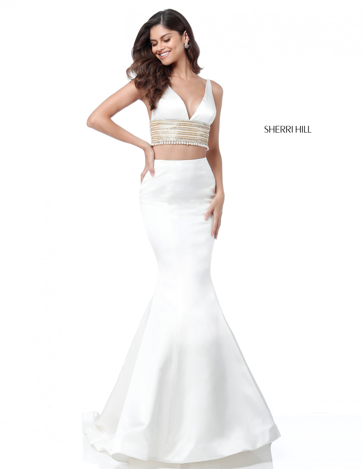 Sherri Hill 51711 satin two piece mermaid skirt in ivory