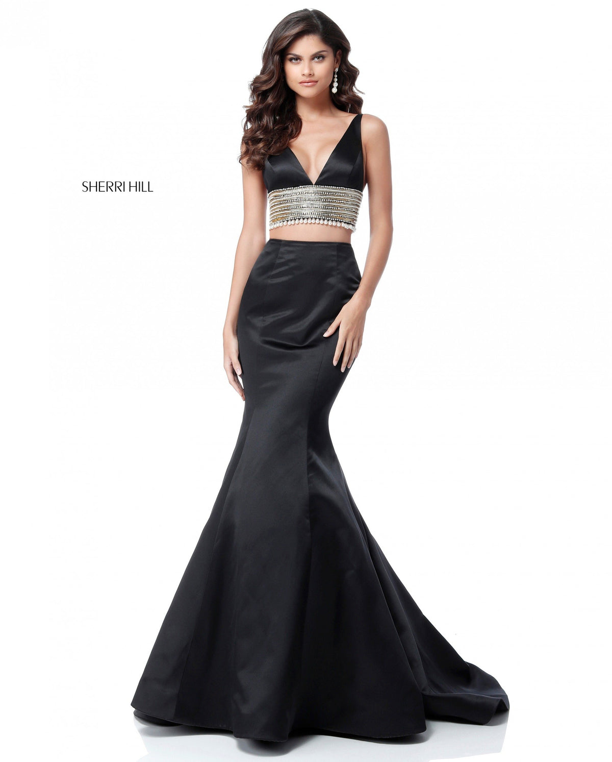 Sherri Hill 51711 satin two piece mermaid skirt in black