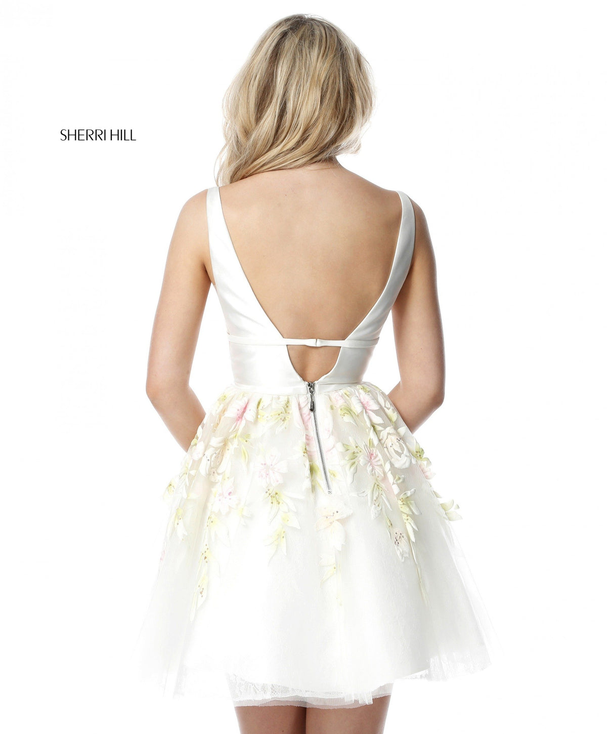 Sherri Hill 51879 bodice with flower appliqued A-line skirt in ivory
