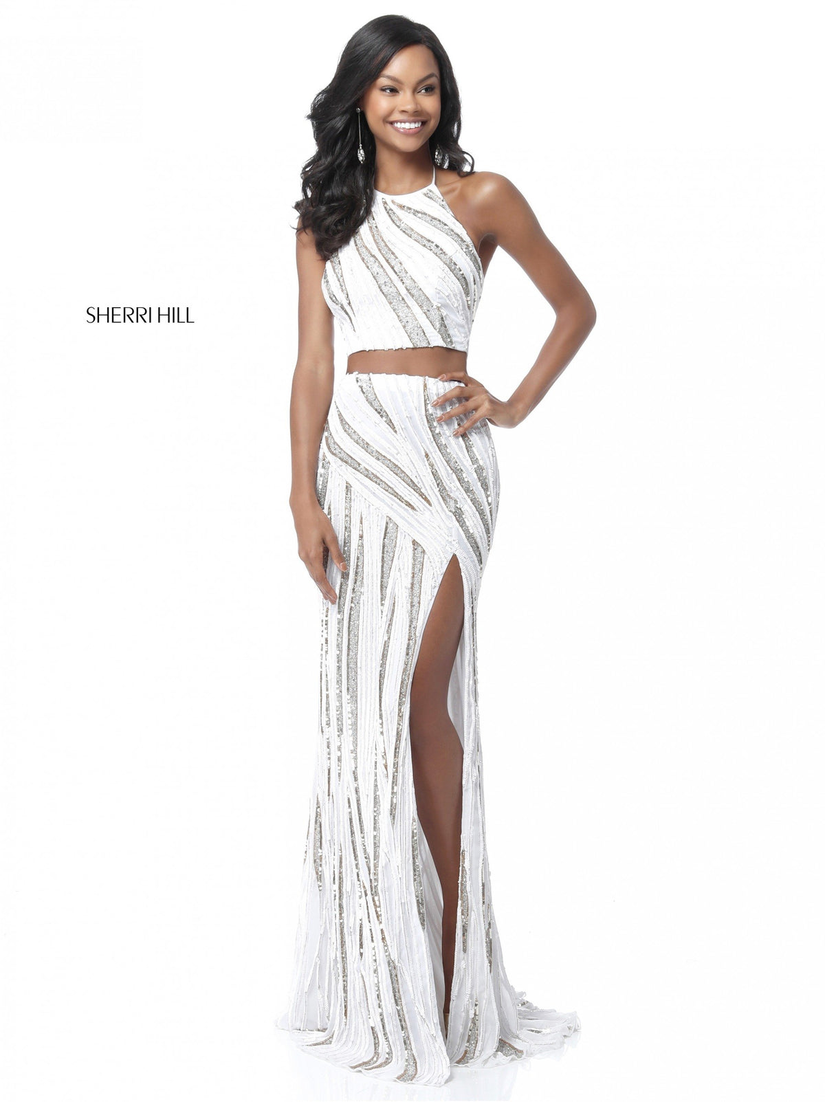 Sherri Hill 51737 striped beaded two piece slit skirt in ivory