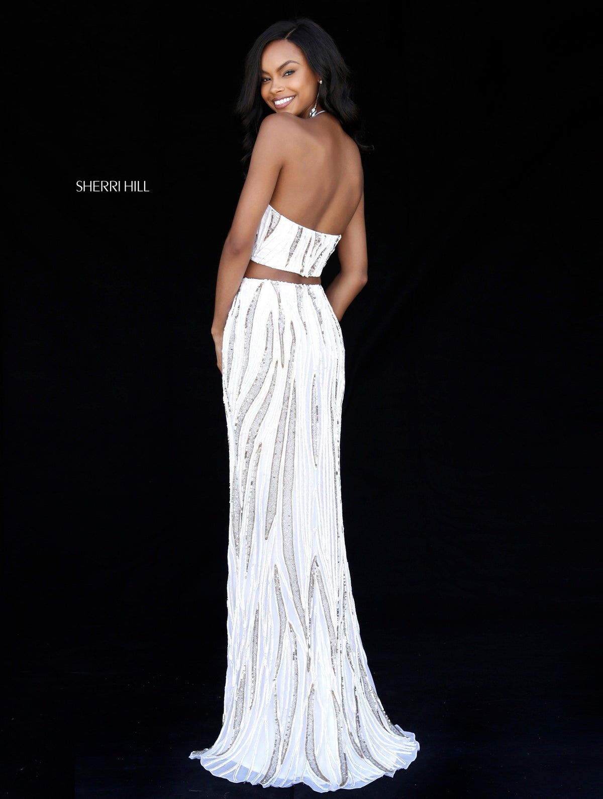 Sherri Hill 51737 striped beaded two piece slit skirt