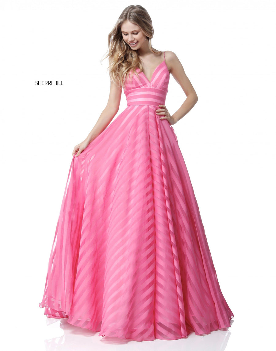 Sherri Hill style 51644 in black, Striped A-Line Gown with V Neck Bodice