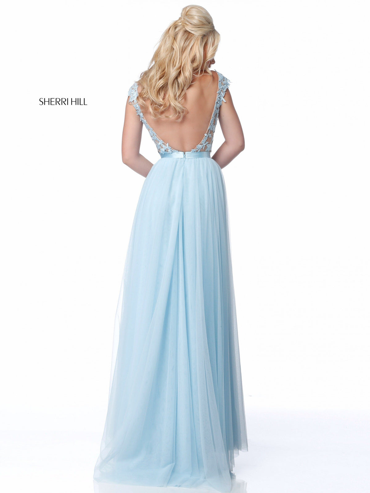 Sherri Hill 51638 lace appliqued bodice with chiffon skirt