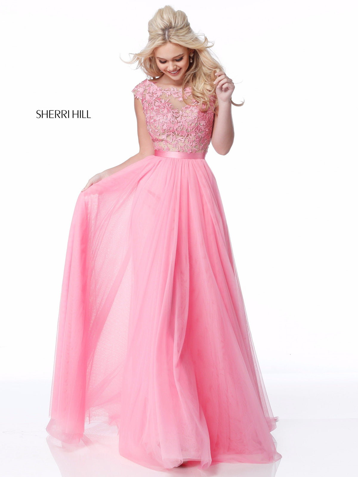 Sherri Hill 51638 lace appliqued bodice with chiffon skirt in pink