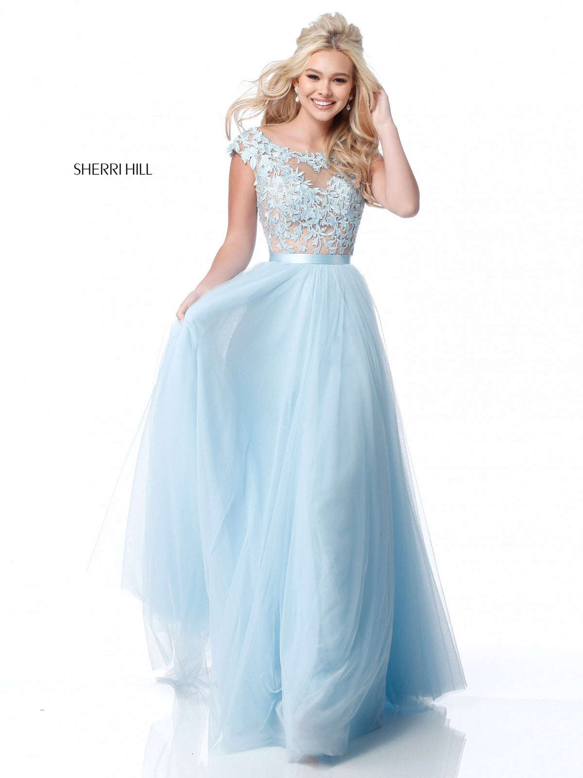Sherri Hill 51638 lace appliqued bodice with chiffon skirt in light blue