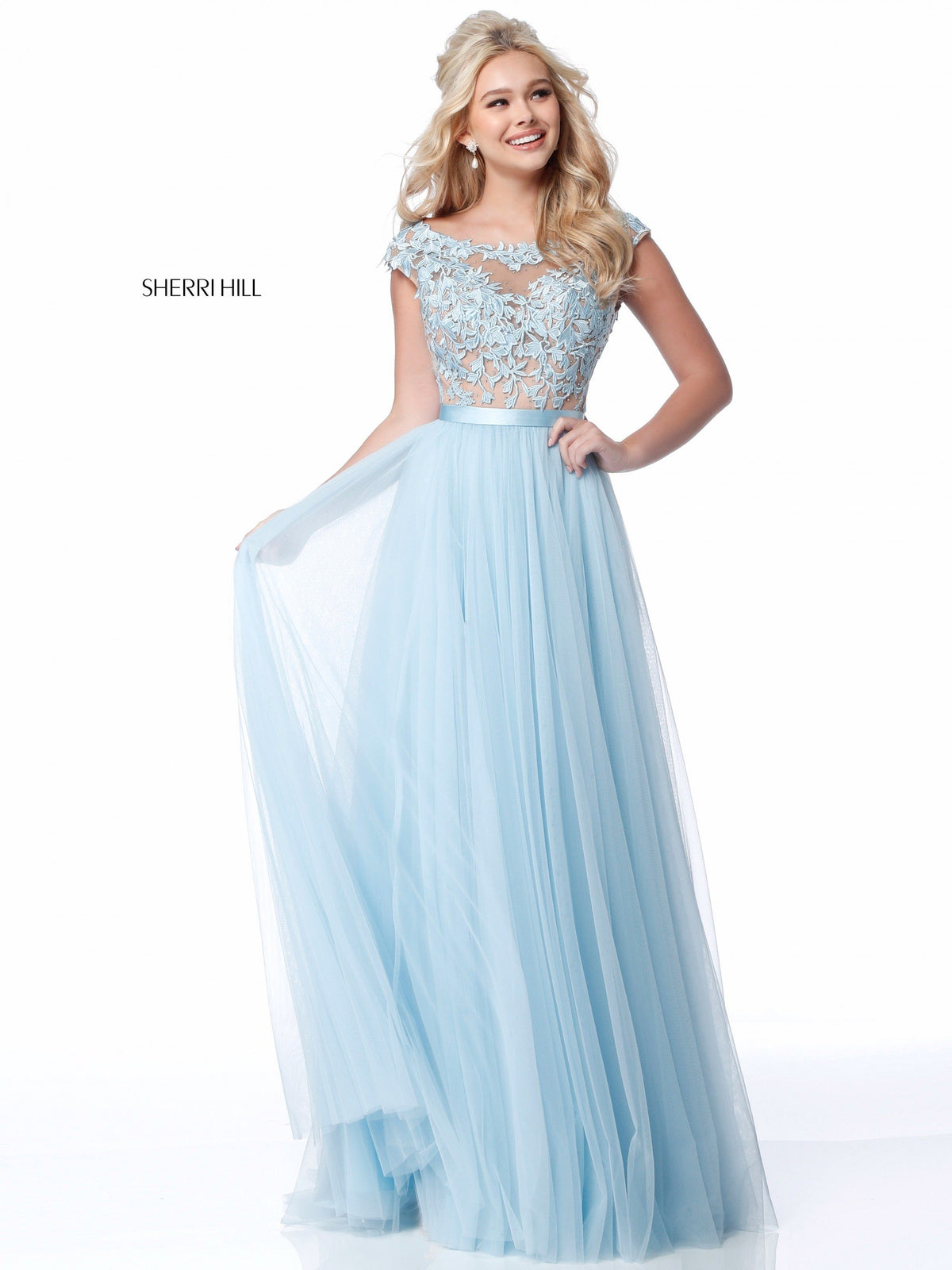 Sherri Hill 51638 lace appliqued bodice with chiffon skirt