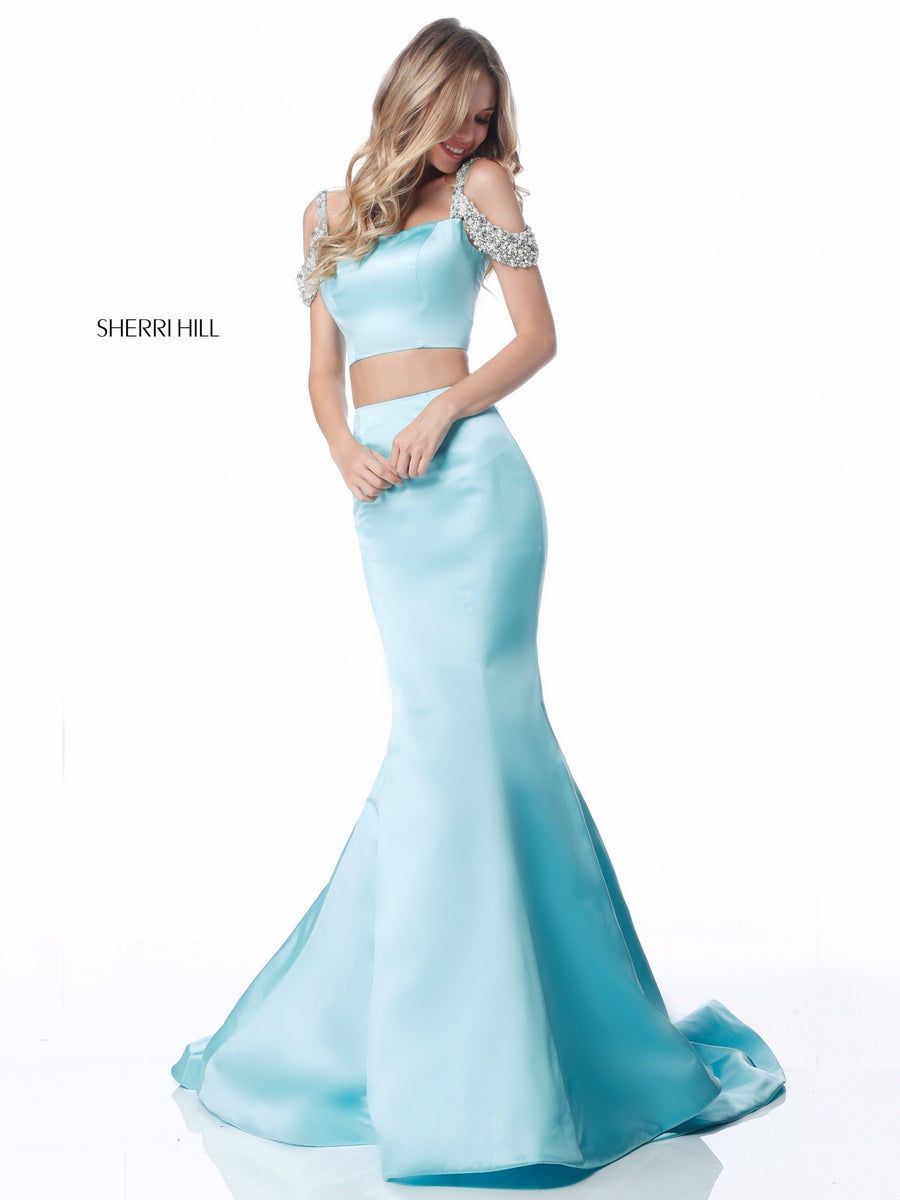 Sherri Hill style 51713 in ivory, Satin Two Piece Mermaid Gown