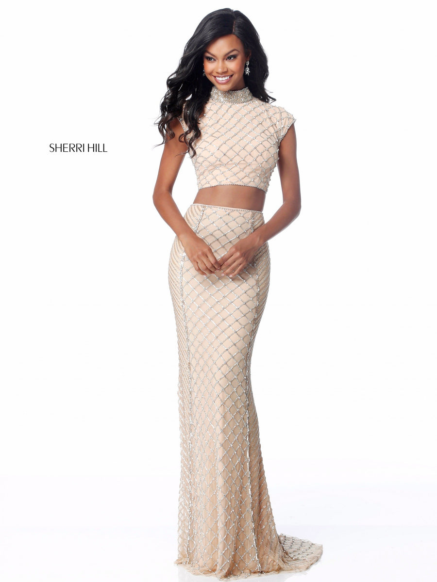 Sherri Hill style 51738 in ivory, Stitch Embroidered Fitted Two Piece Gown