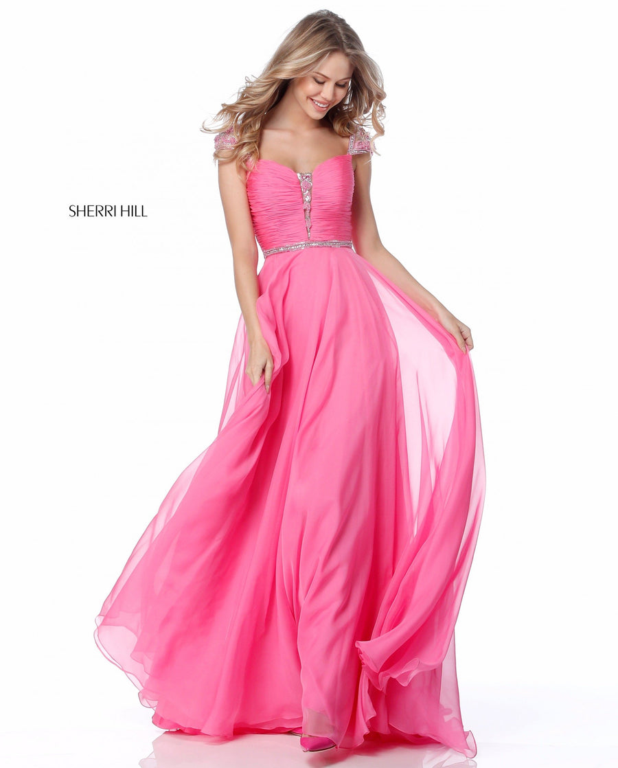 Sherri Hill style 51744 in pink, Chiffon Gown with Beaded Shoulder