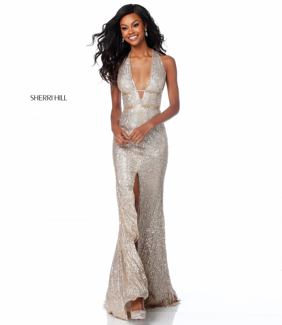 Sherri Hill style 51752 in light gold, Sequin Fitted Gown with Slit Skirt