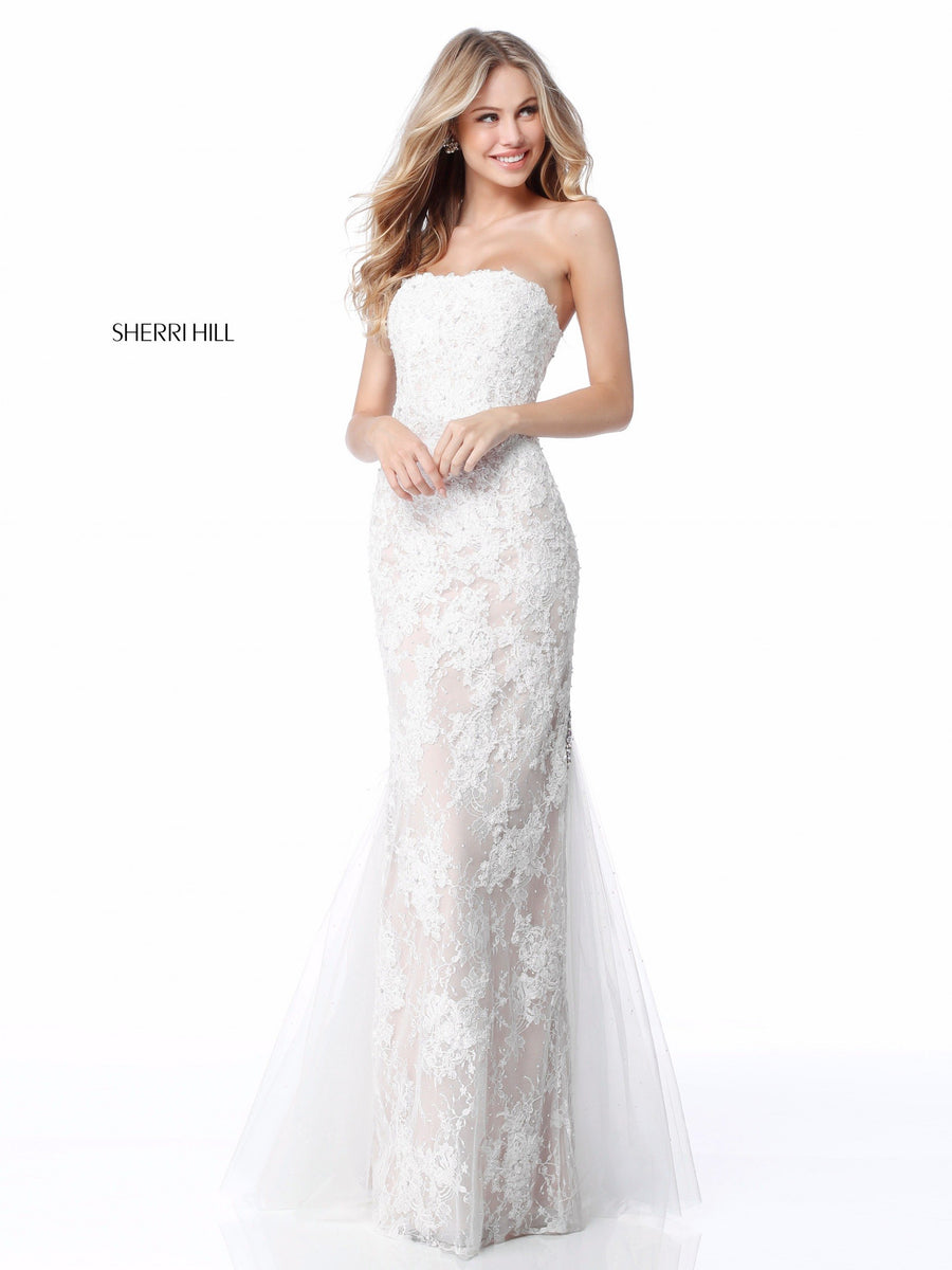 Sherri Hill style 51769 in ivory, Strapless Lace Appliqued Fitted Gown
