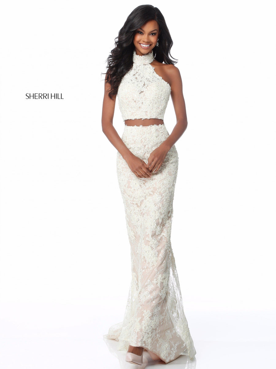 Sherri Hill style 51770 in blush, Lace Appliqued Two Piece Fitted Skirt