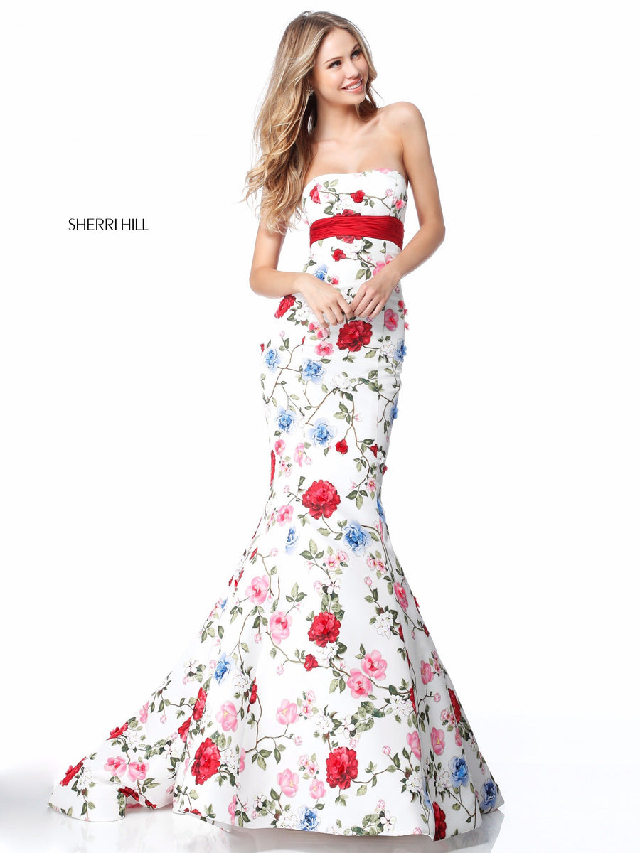 Sherri Hill style 51882 in ivory/red print, Strapless Floral Print Mermaid Gown