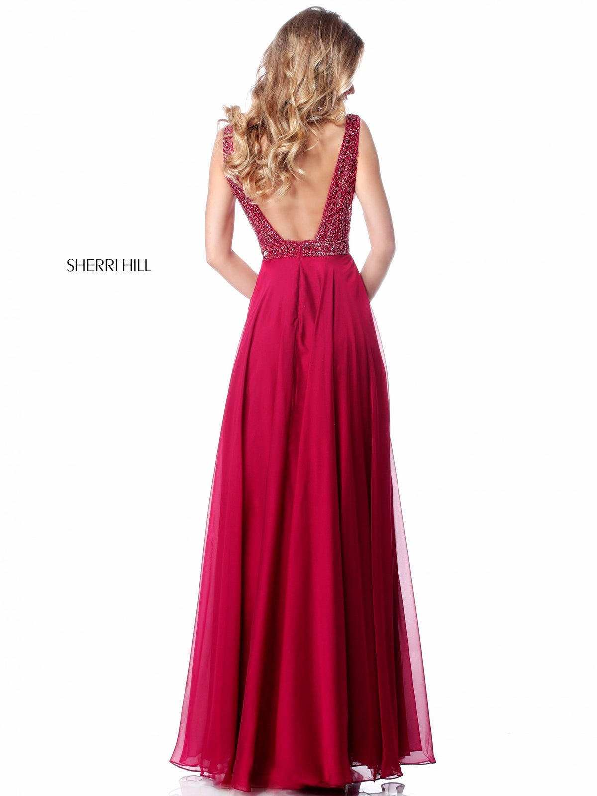 Sherri Hill 51874 beaded V-neck bodice with chiffon skirt