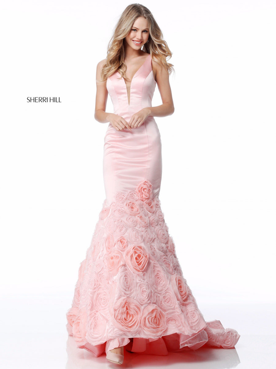 Sherri Hill style 51886 in red, V Bodice with Rose Appliqued Mermaid Skirt
