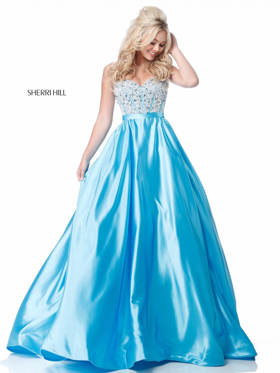 Sherri Hill style 51884 in lilac, Bead Encrusted Corset Satin Ball Gown