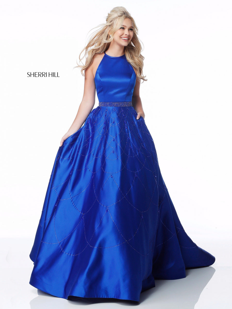 Sherri Hill style 51731 in emerald, Satin Ball Gown with Open Back