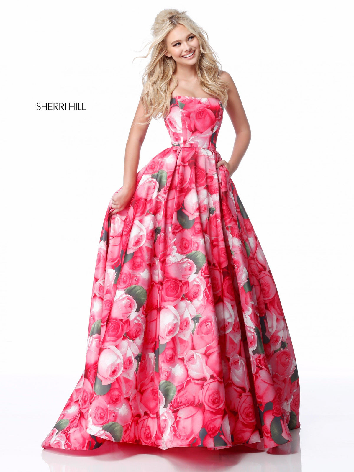 Sherri Hill 51792 strapless taffeta ball gown in pink print