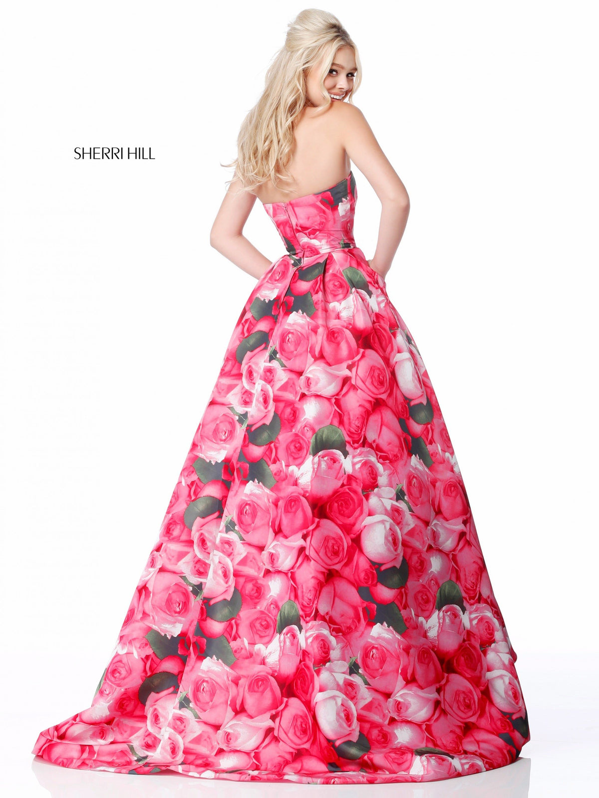 Sherri Hill 51792 strapless taffeta ball gown in pink print