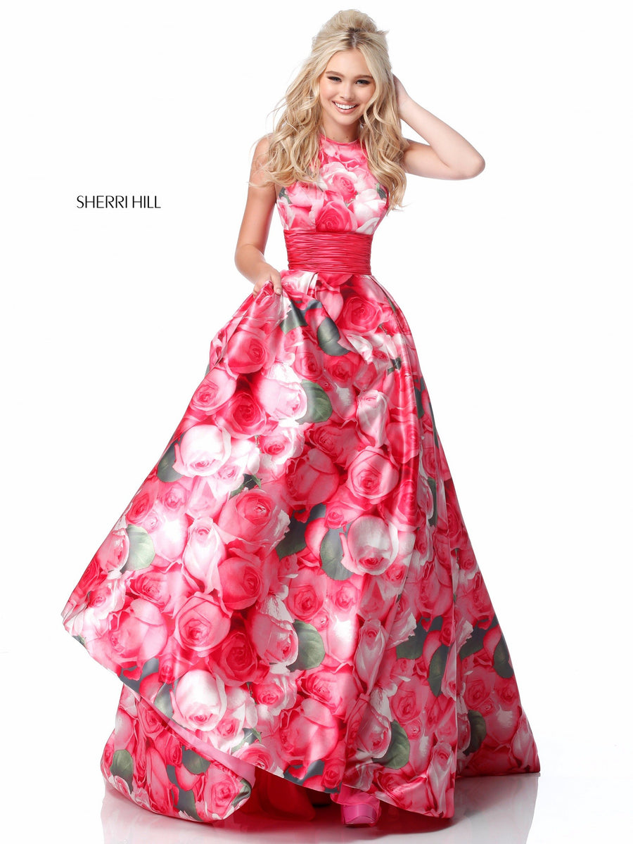 Sherri Hill style 51800 in pink print, Floral Print Taffeta Ball Gown