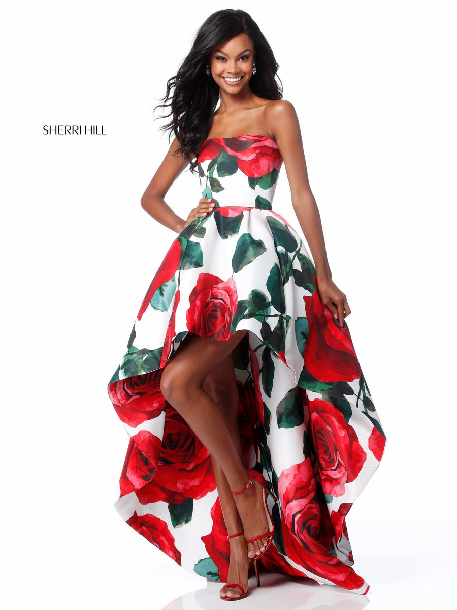 Sherri Hill style 51816 in red print, Floral High-Low Gown with Strapless Bodice