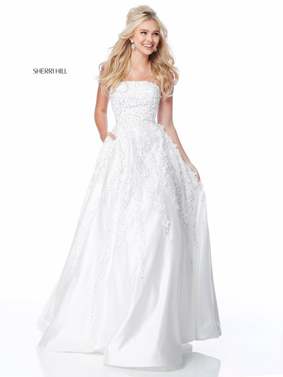 Sherri Hill style 51817 in ivory, Strapless Satin Ball Gown
