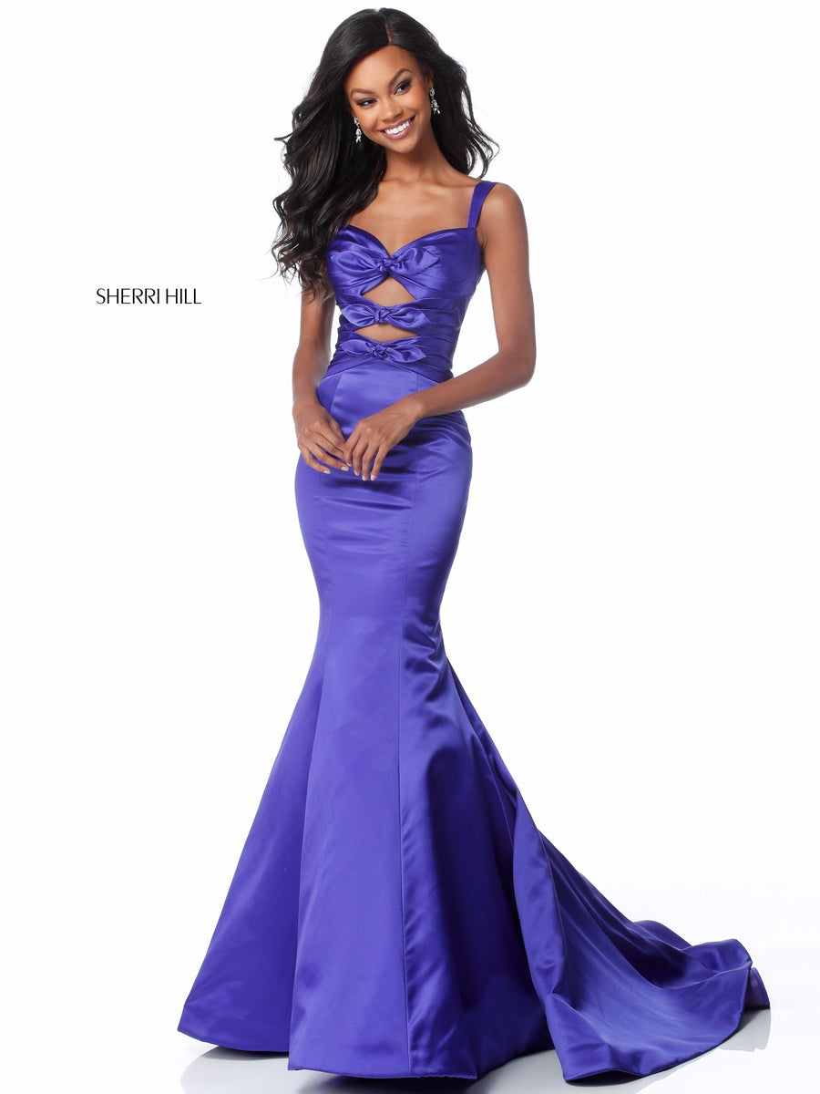 Sherri Hill style 51854 in red, Satin Mermaid Gown with Cut Outs