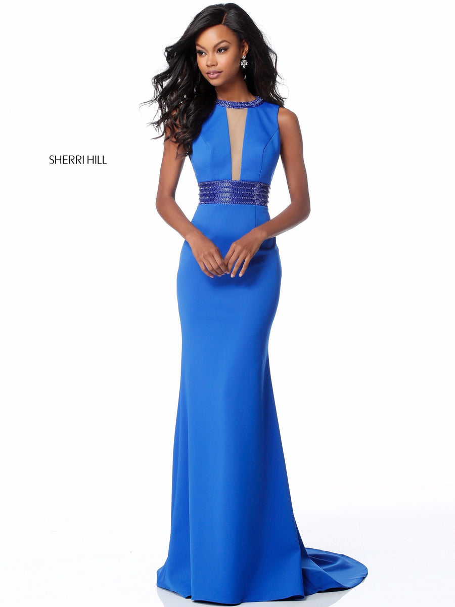 Sherri Hill style 51859 in black, Fitted Jersey Gown with Cut Out Bodice