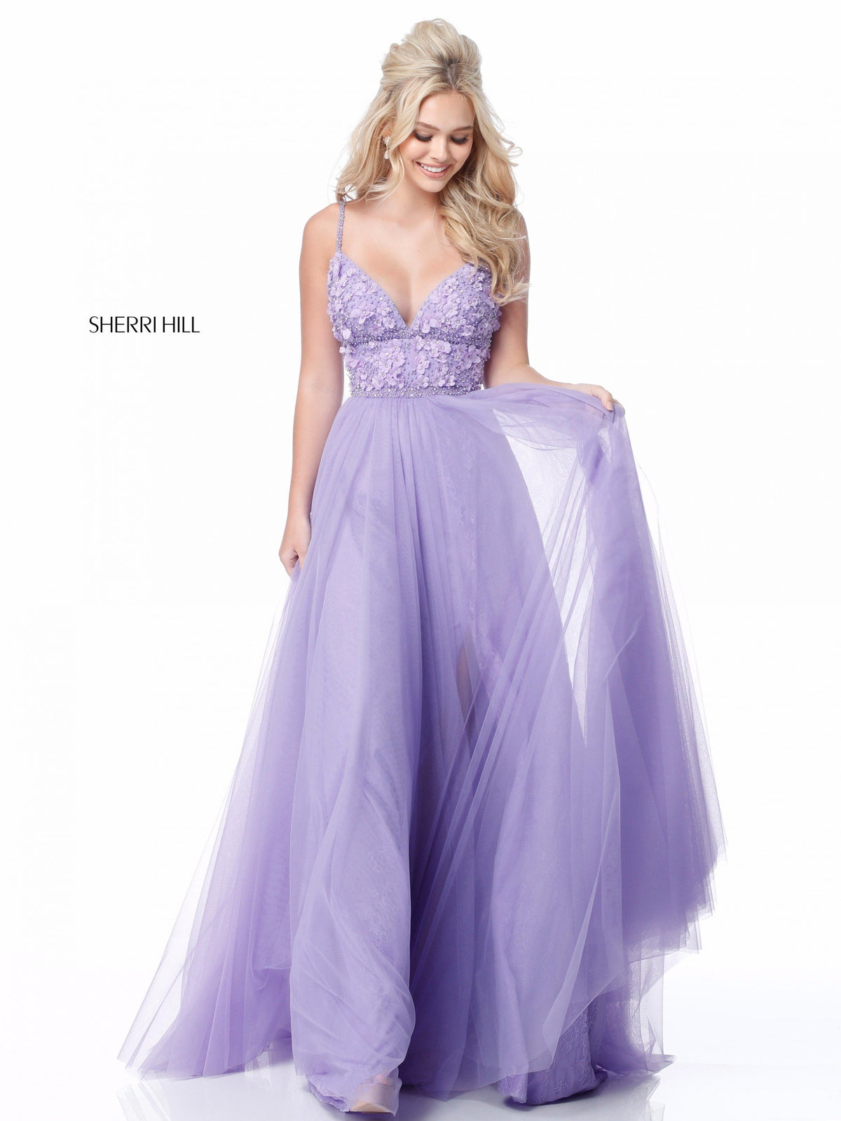 Sherri Hill 51866 appliqued V-neck bodice with tulle skirt in lilac