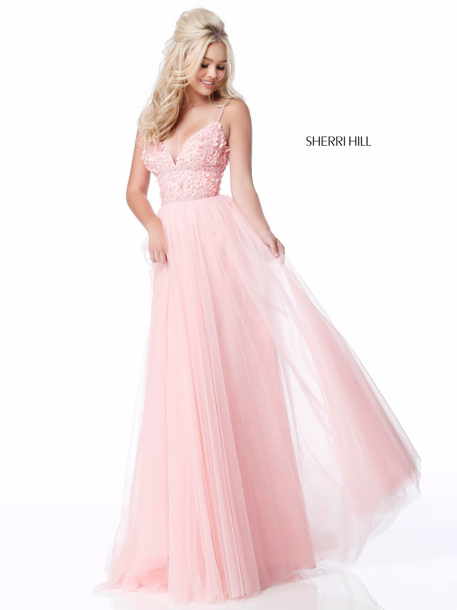 Sherri Hill style 51866 in dark nude, Appliqued V Neck Bodice with Tulle Skirt