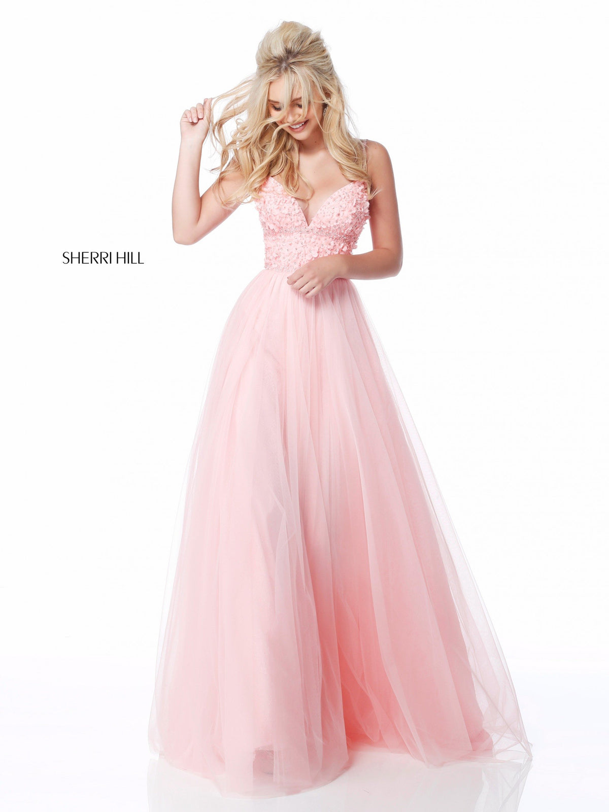 Sherri Hill 51866 appliqued V-neck bodice with tulle skirt