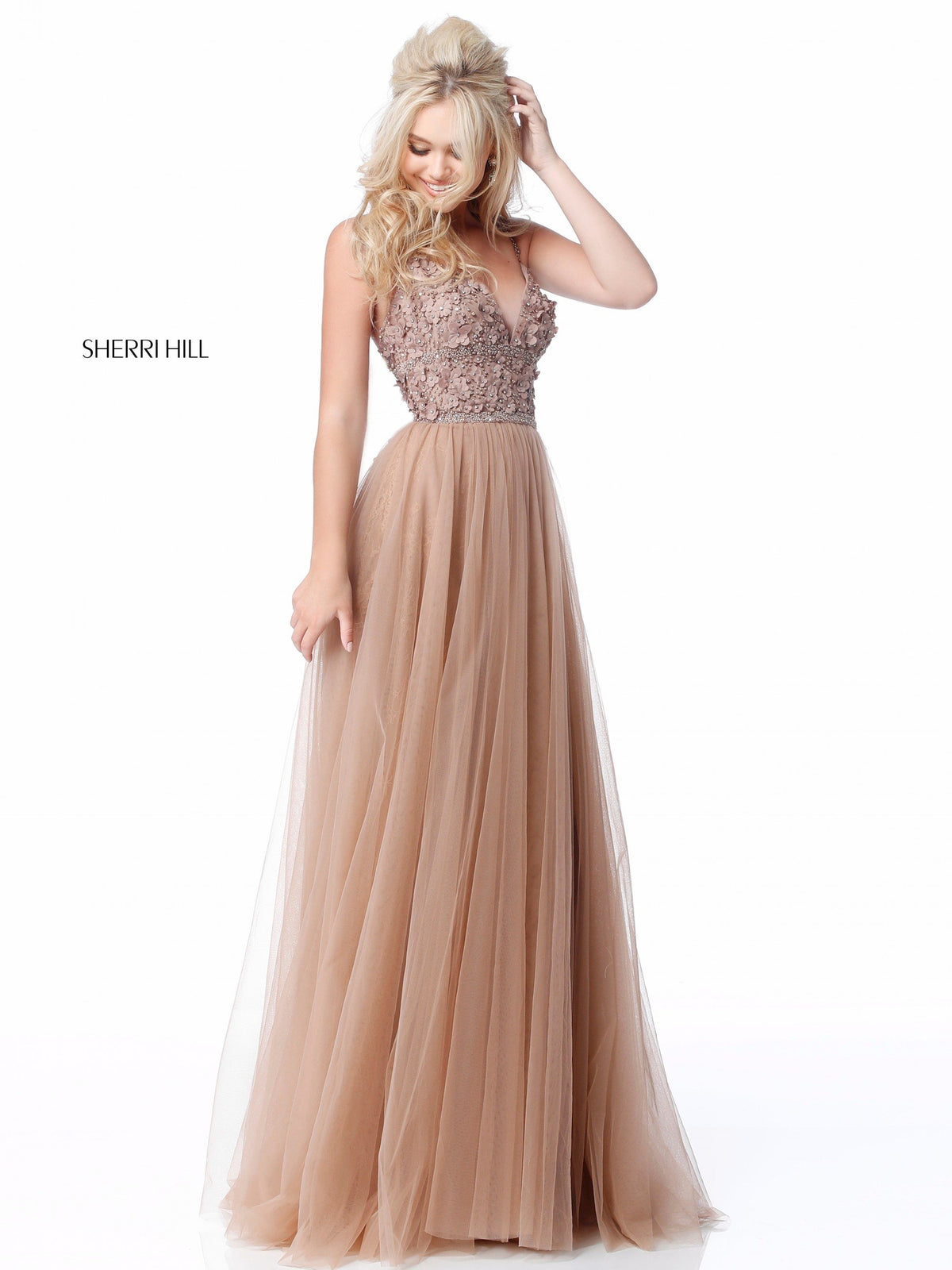 Sherri Hill 51866 appliqued V-neck bodice with tulle skirt in dark nude