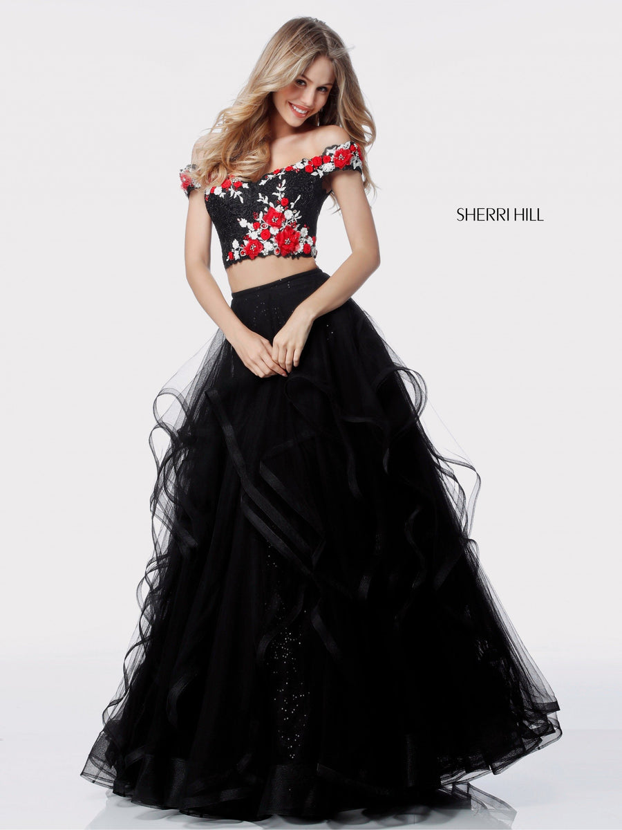 Sherri Hill style 51893 in black, Two Piece and Ruffle Tulle Skirt