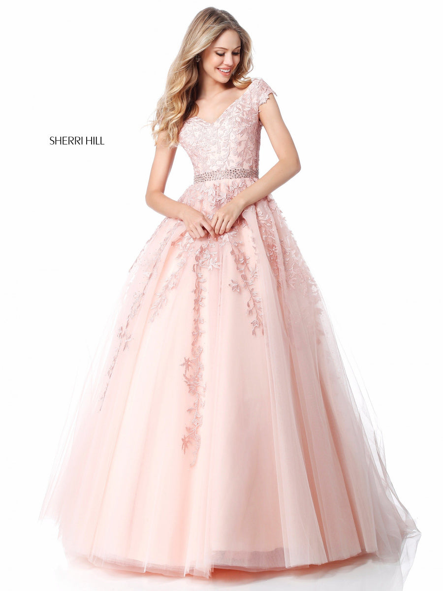 Sherri Hill style 51905 in blush, Tulle Flower Appliqued Ball Gown