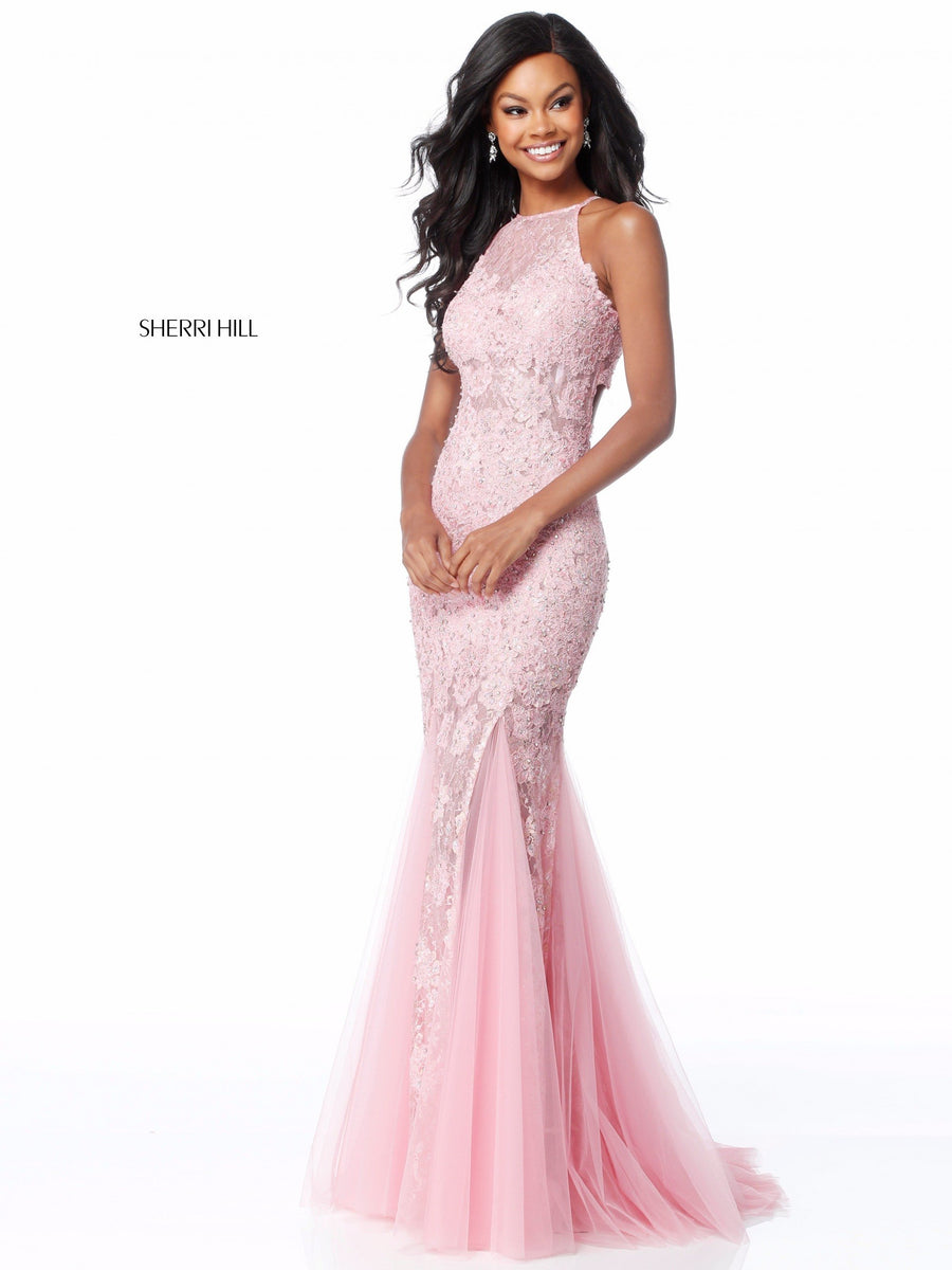 Sherri Hill style 51913 in pink/gold, Lace Appliqued Gown with Cut Out Back