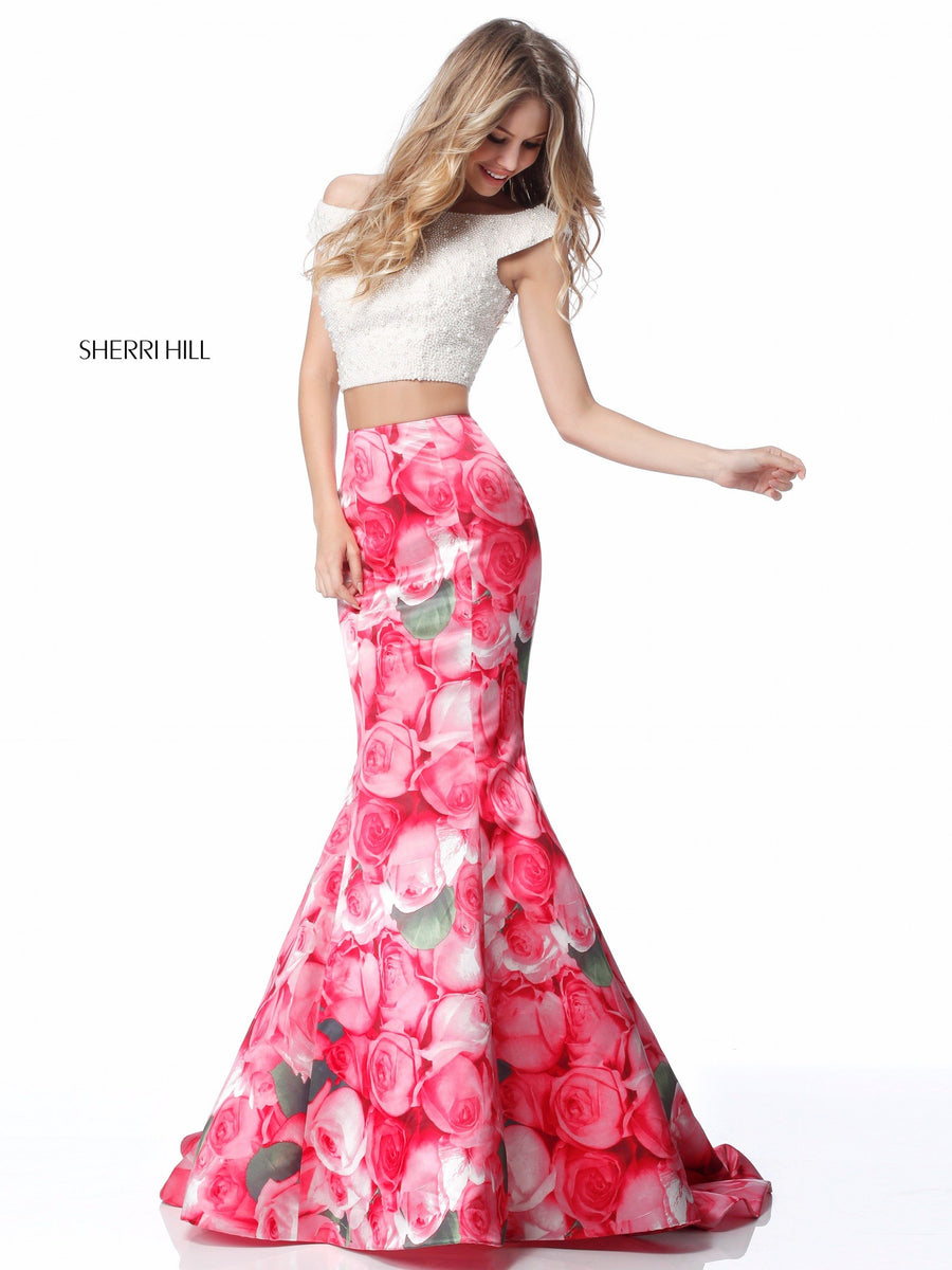 Sherri Hill style 51927 in pink print, Bodice with Mermaid Floral Print Skirt