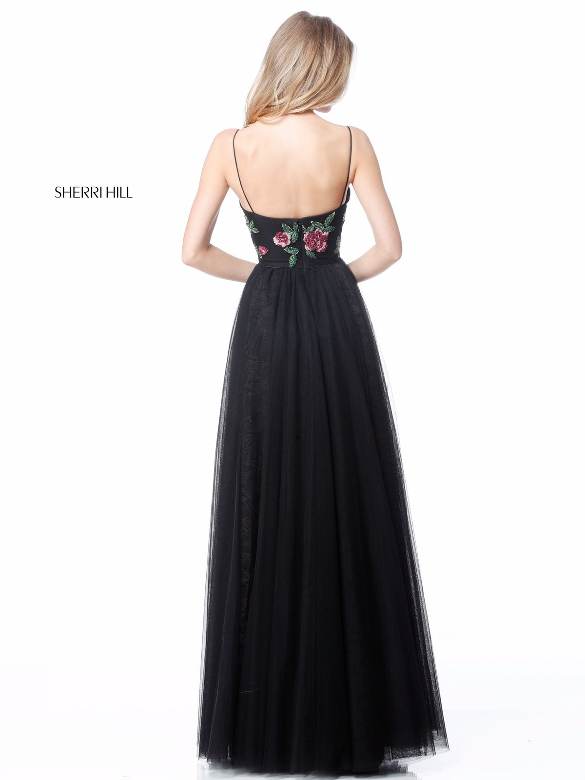 Sherri Hill 52050 V-neck bodice with chiffon skirt in black/multi