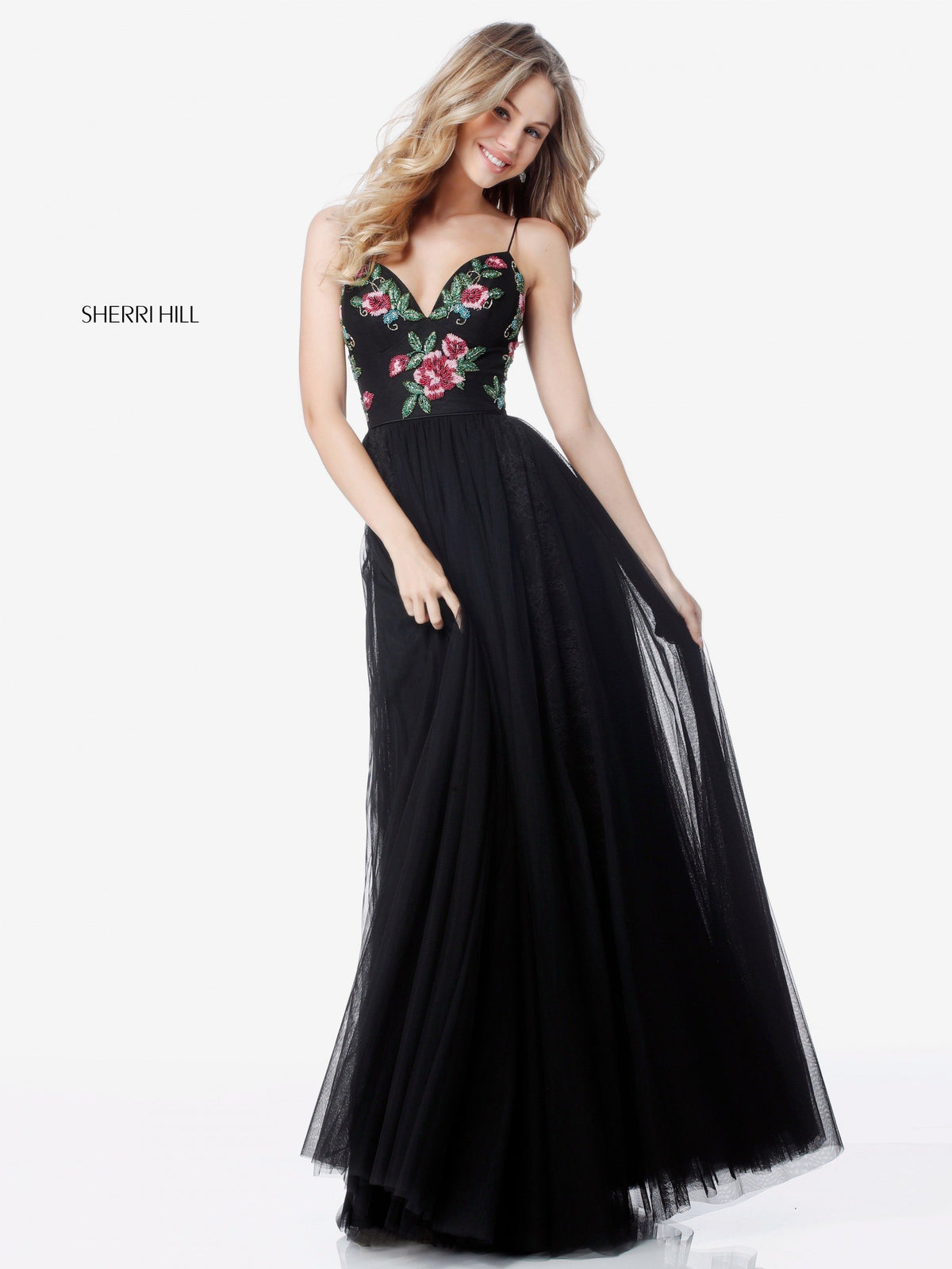 Sherri Hill 52050 V-neck bodice with chiffon skirt in black/multi