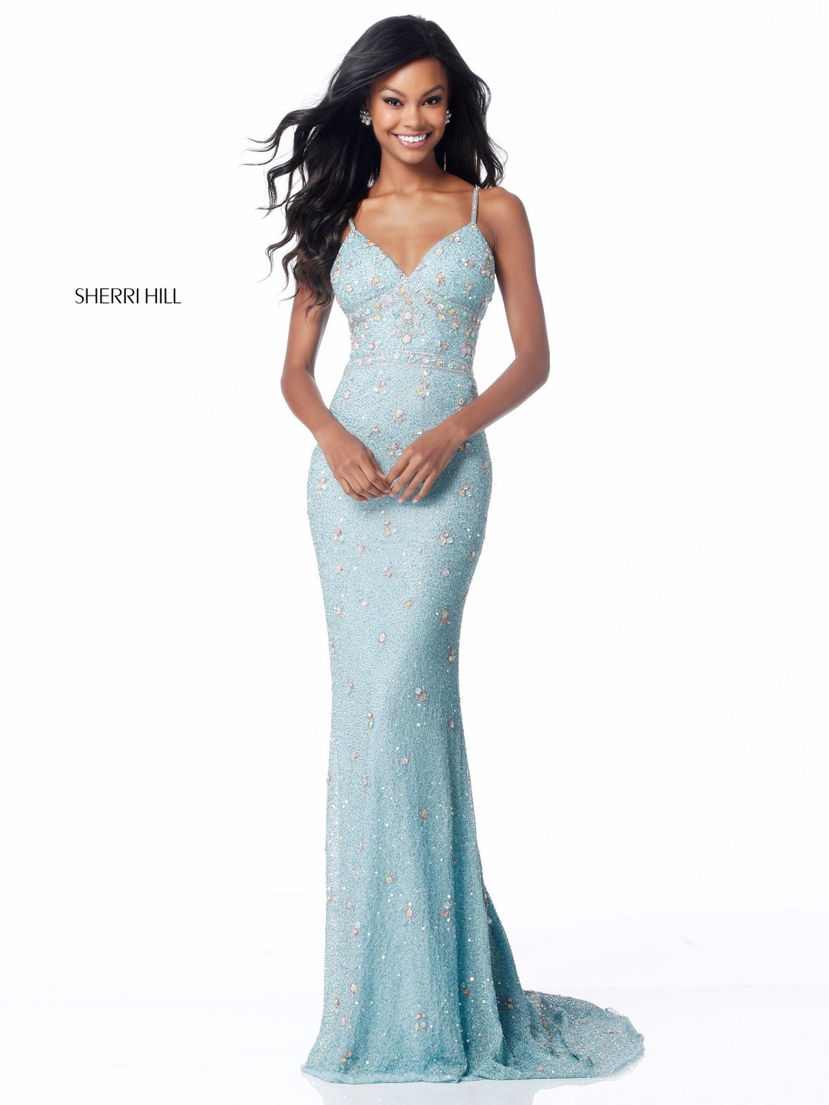 Sherri Hill 51751 fitted beaded gown with V-neck bodice in light blue/multi