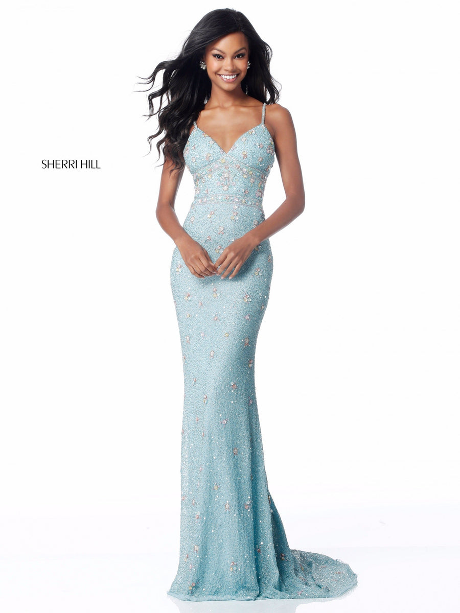 Sherri Hill style 51751 in black/multi, Fitted Beaded Gown with V Neck Bodice