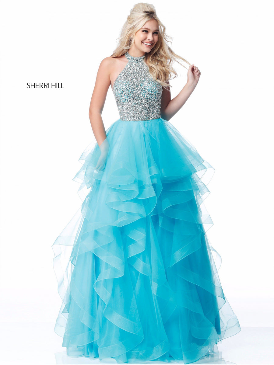 Sherri Hill style 51762 in red, Neck Beaded Bodice with Ruffle Tulle Skirt