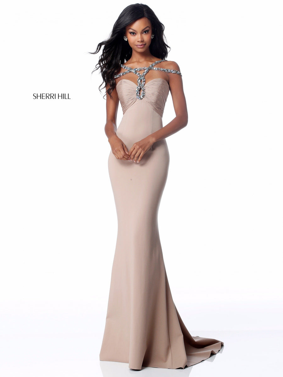 Sherri Hill style 51776 in ivory, Fitted Jersey Gown with Satin Bodice
