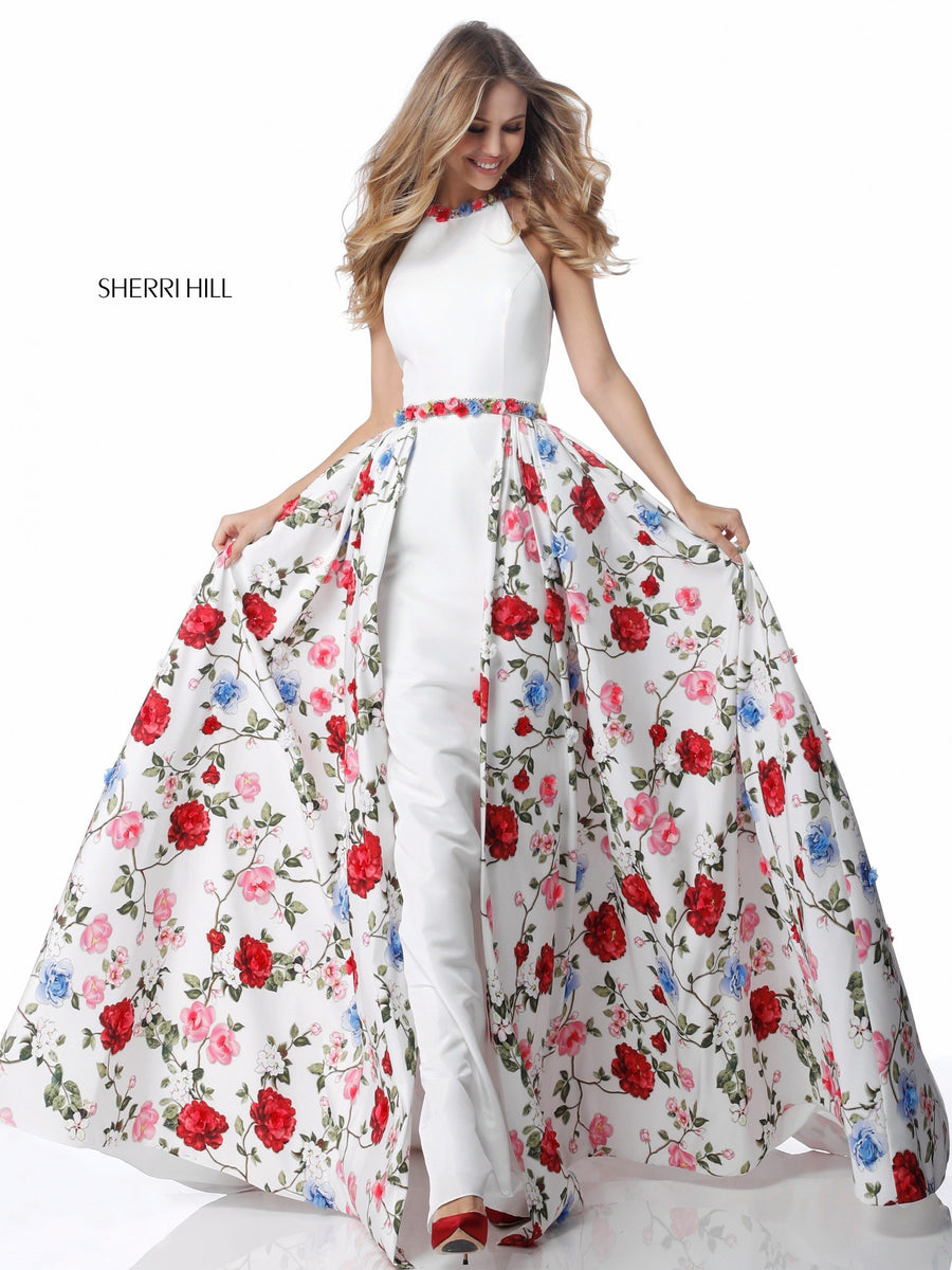 Sherri Hill style 51796 in ivory print, Fitted Taffeta Gown