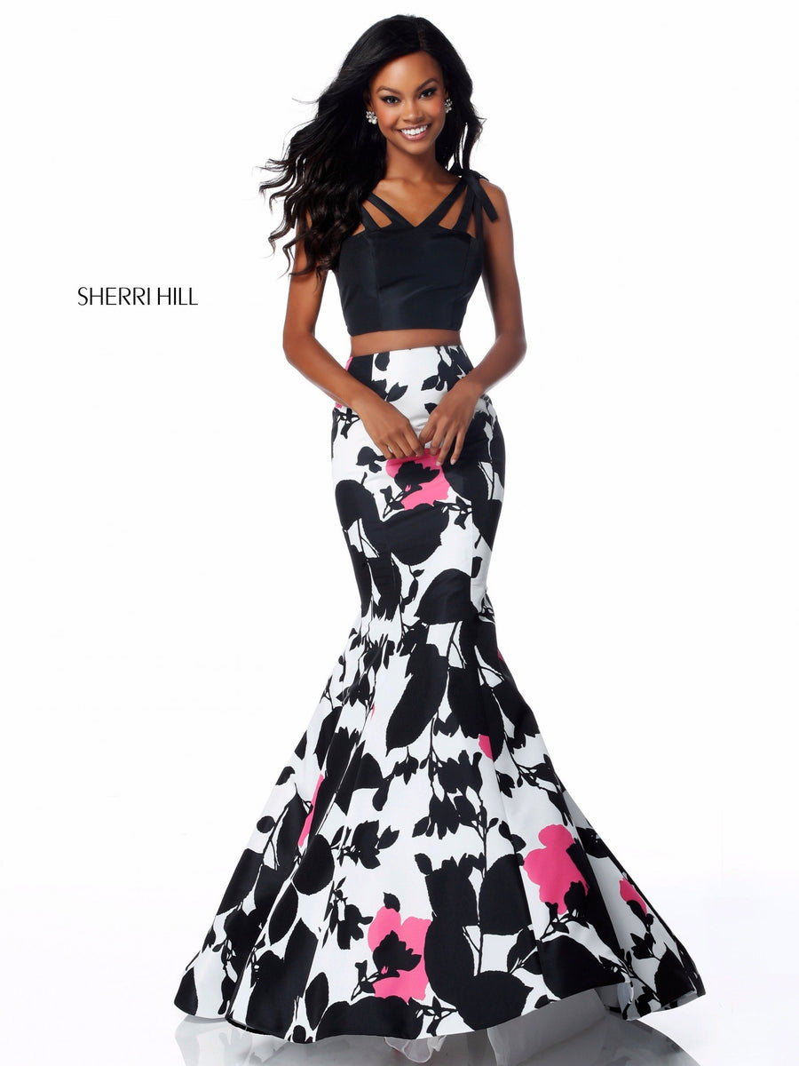 Sherri Hill style 51824 in black/red print, Two Piece Floral Print Mermaid Skirt