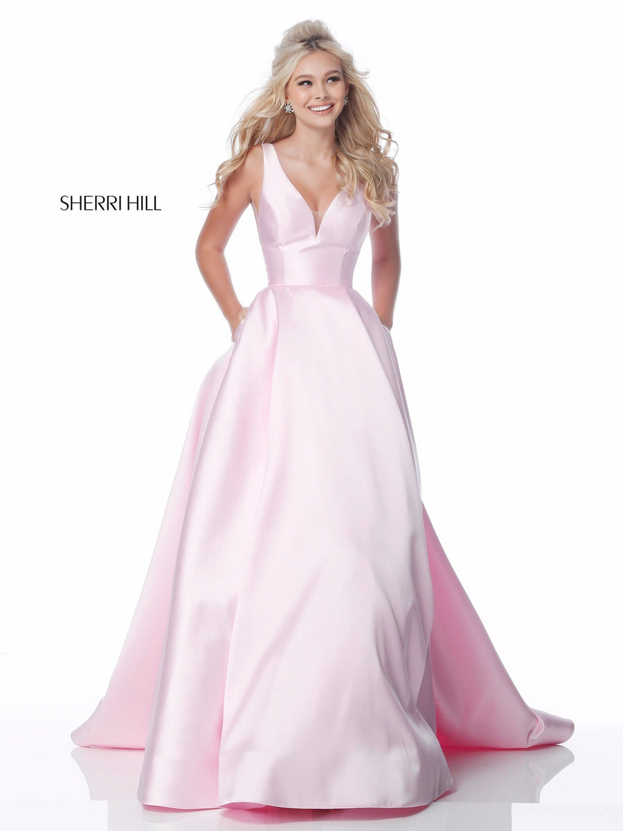 Sherri Hill style 51856 in emerald, Mikado Ball Gown with Deep-V Neckline