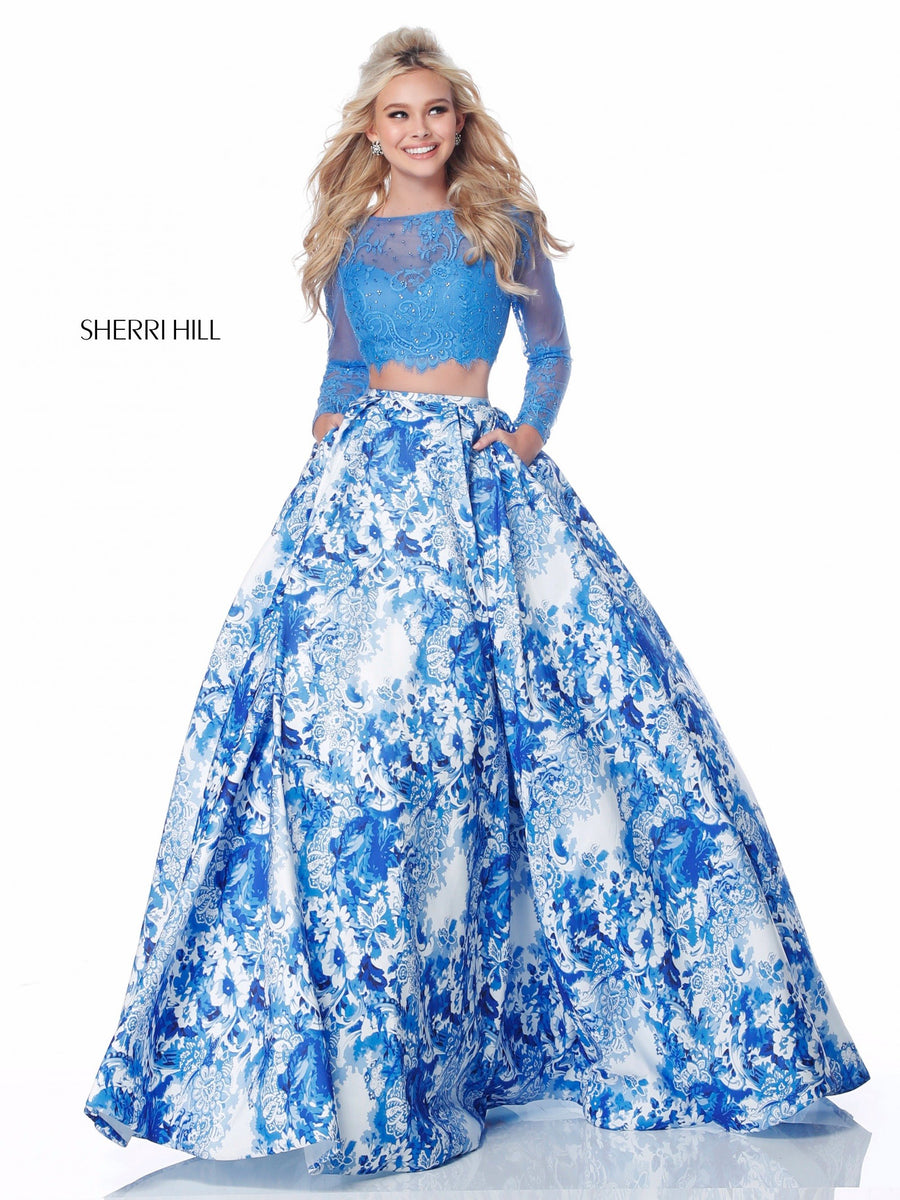 Sherri Hill style 51961 in blue print, Two Piece Blue Ivory Print Ball Gown Skirt
