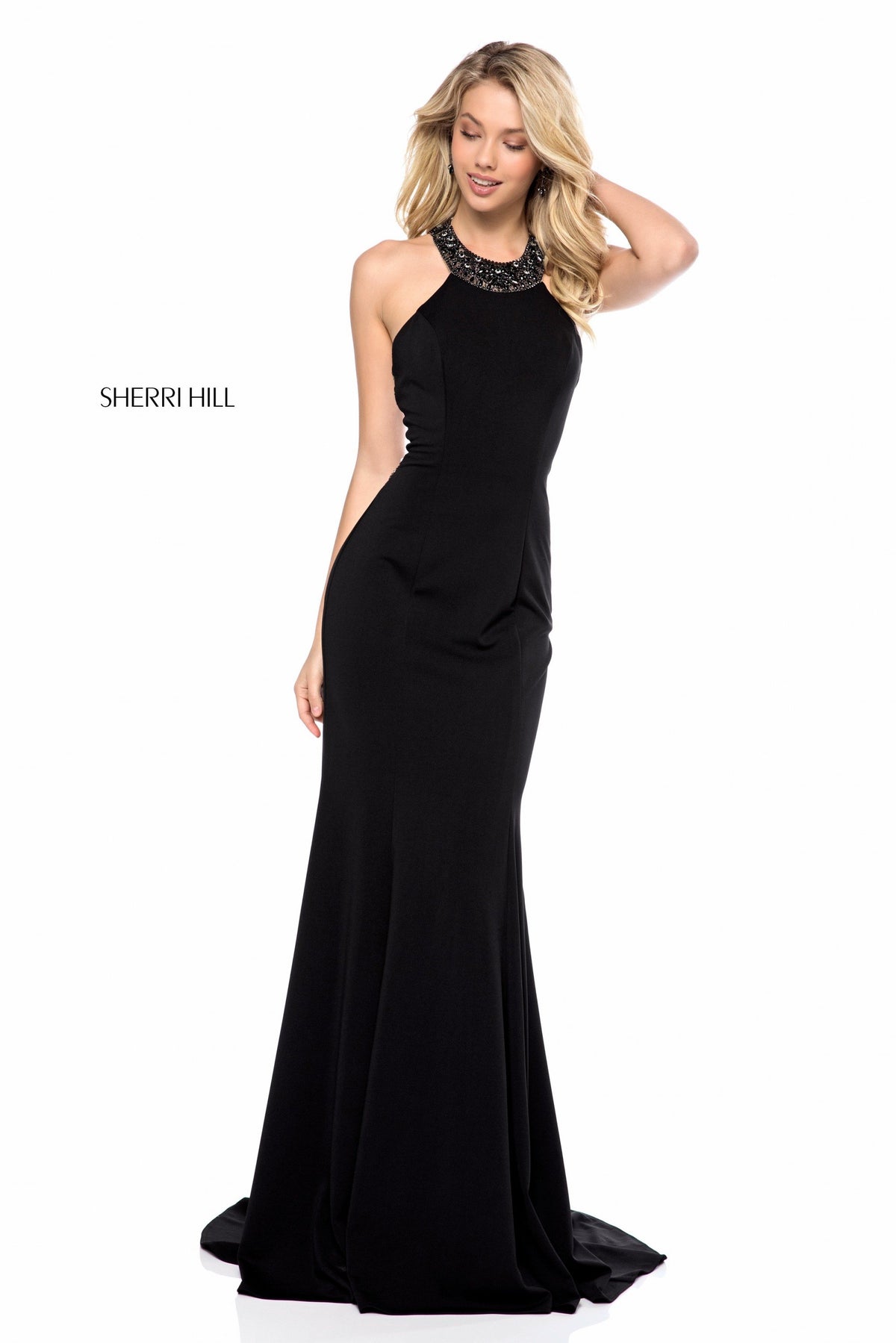 Sherri Hill 51317 fitted jersey gown with beaded neck
