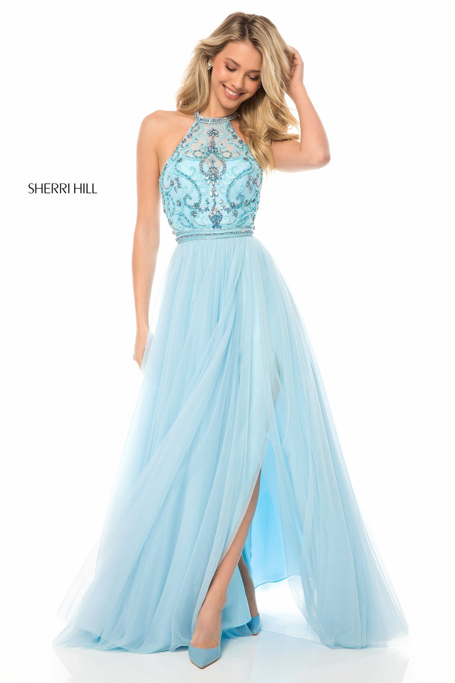 Sherri Hill style 51604 in blush, Beaded Halter Bodice with Tulle Skirt