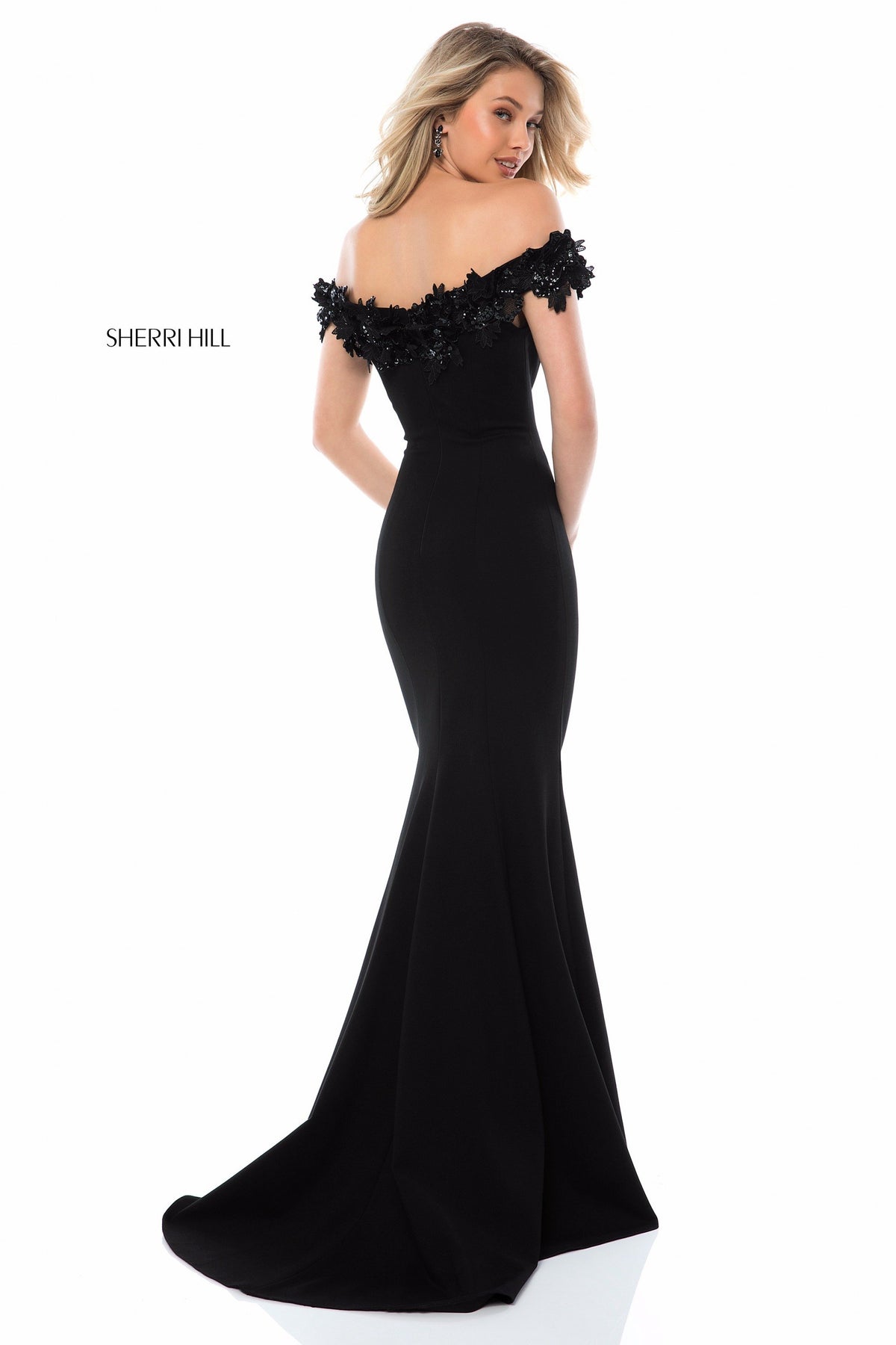 Sherri Hill 51774 fitted jersey gown with off-the-shoulder in black