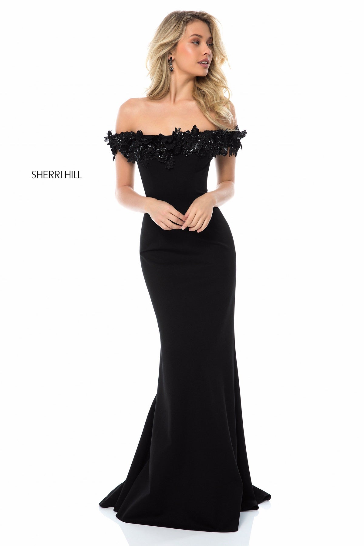 Sherri Hill 51774 fitted jersey gown with off-the-shoulder in black